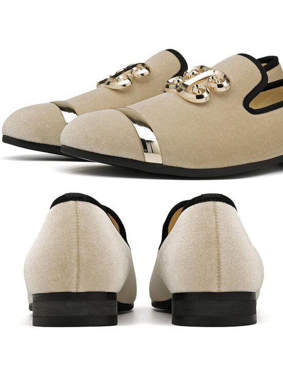 FQEQNQG Men\'s Beige Velvet Loafers Gold Ornate Buckle Penny Slip On Casual Shoes